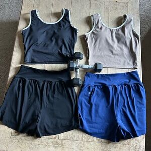 lululemon athletica Black, Tan, and Blue Sports Bras and Shorts Set